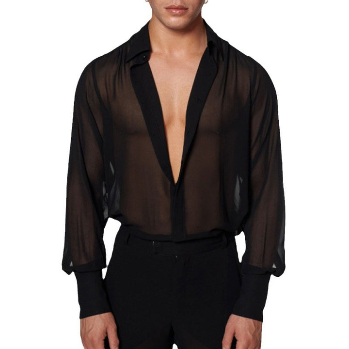 Damen nan semi-transparente Langarm-Chiffonbluse mit Hemdkragen und breiten Manschetten Drune