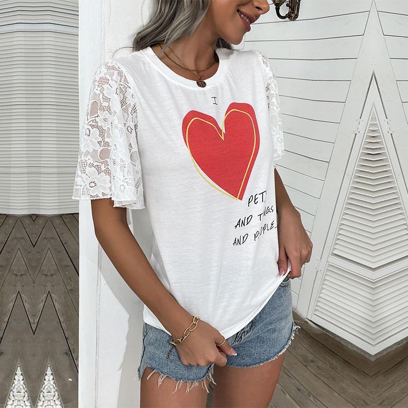 Damen T-Shirt mit Spitzenärmel und Herz-Print Drune