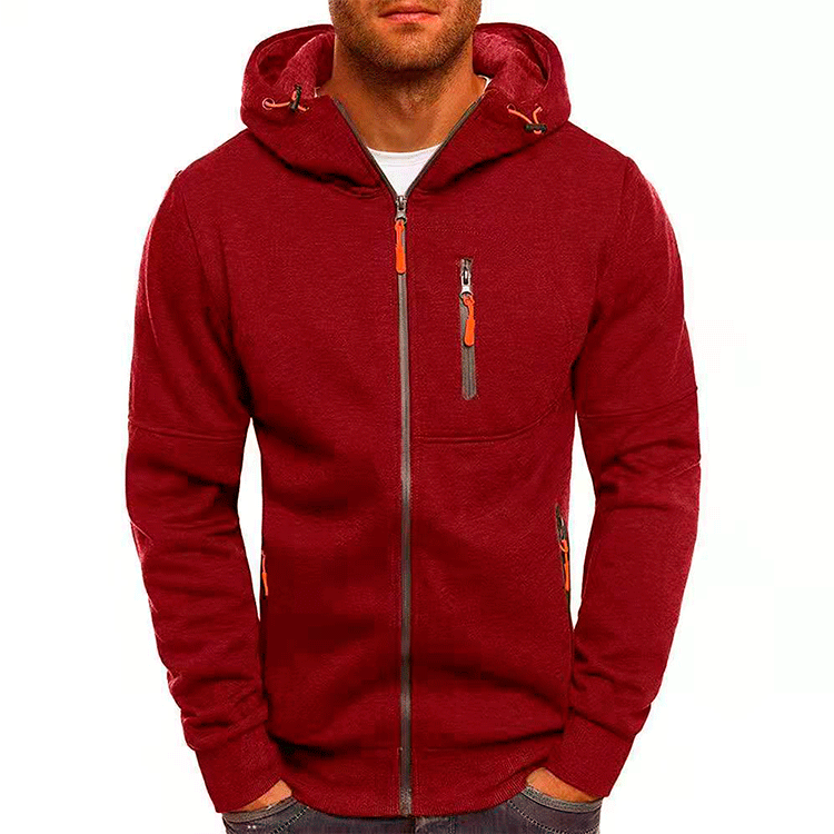 Herren funktionelle Kapuzenjacke mit durchgehendem Reißverschluss, Brust- und Seitentaschen sowie Kordelzug Drune