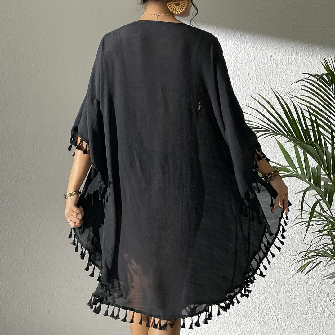 Damen Strandtunika mit elegantem Häkelmuster und fransigen Details Drune