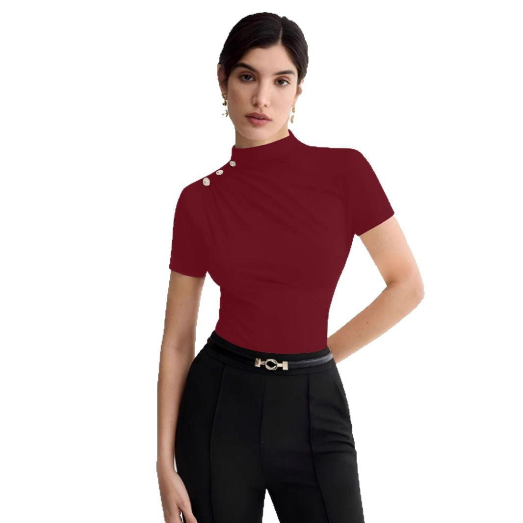 Damen elegantes Oberteil mit dekorativen Knopfdetails und modernem Stehkragen Drune