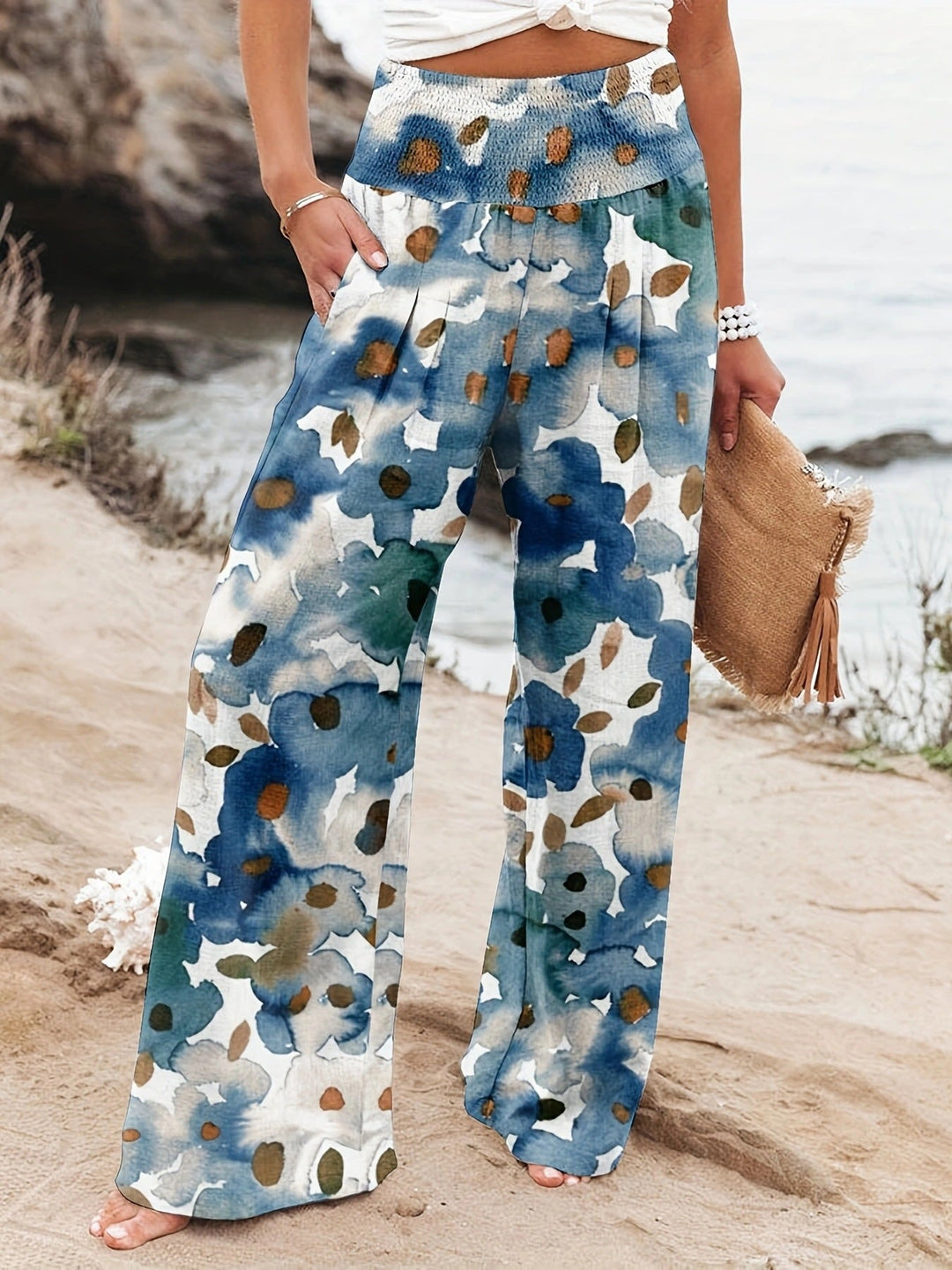 Damen Weit geschnittene Strandhose mit floralem Motiven und elastischem Bund Drune