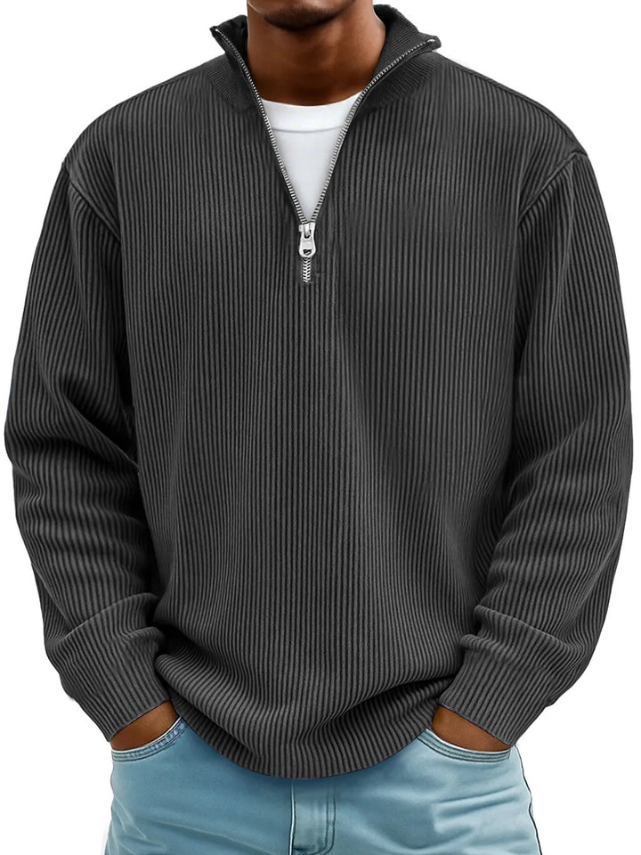Herren nan gerippter Strickpullover mit halbem Reißverschluss und Stehkragen Drune