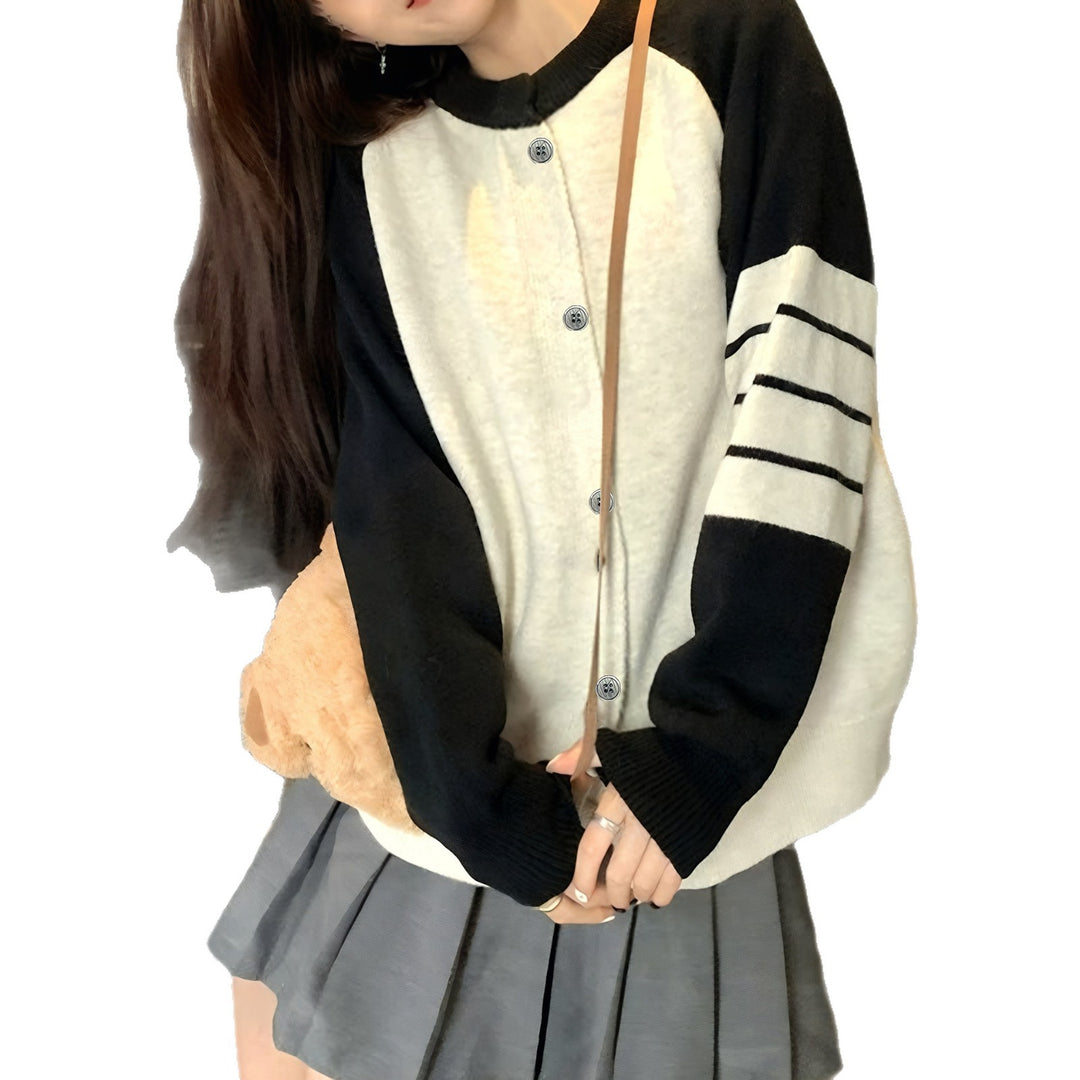 Damen bequemer Strickcardigan mit Knopfdetails und sportlichen Streifen Drune