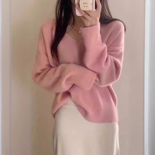 Damen Eleganter V-Ausschnitt Pullover mit Rippstruktur und lässigem Schnitt Drune