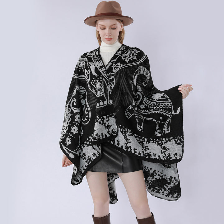 Damen Jacquard-Kimono-Cape aus Wollmix mit ornamentalen Tiermotiven Drune