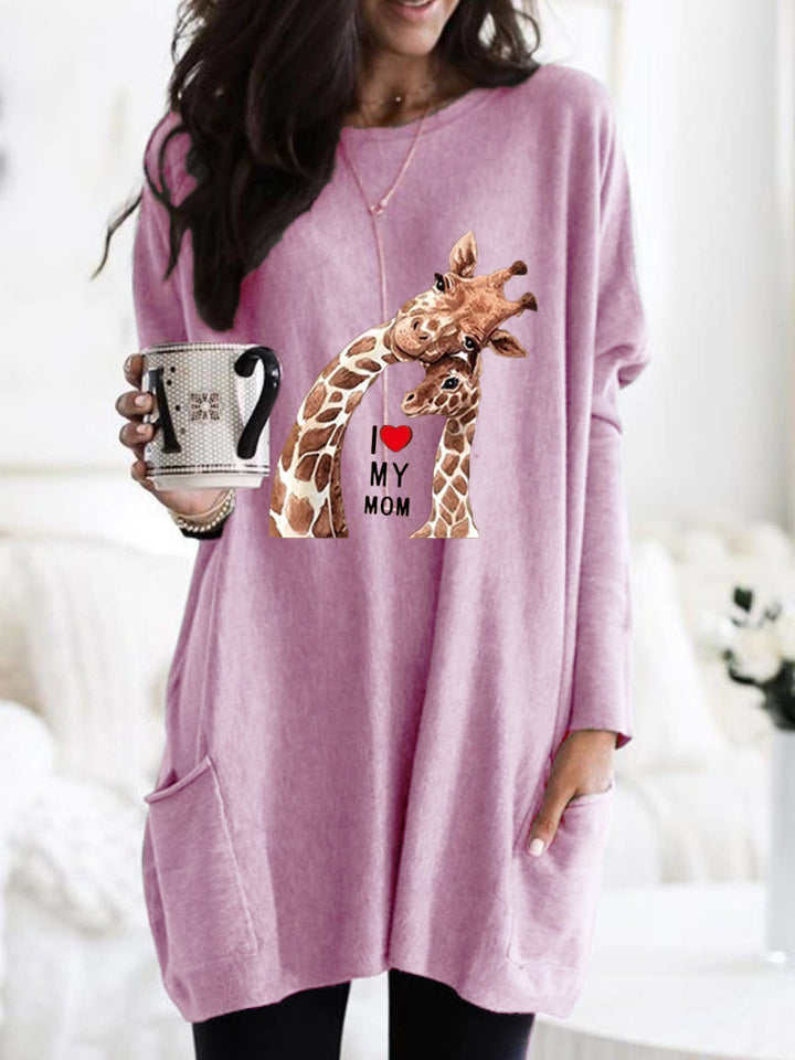 Frauen Übergroße Sweatkleid mit Giraffenmuster, Rundhalsausschnitt und Seitentaschen Drune