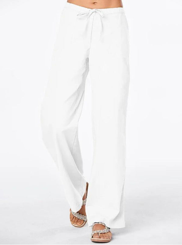 Damen weit geschnittene Leinenhose mit verstellbarem Bund und praktischen Taschen Drune