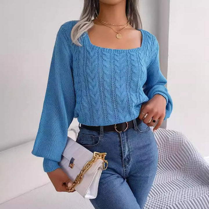 Damen Großer Strickpullover mit elegantem Quadrat-Ausschnitt und Zopfmuster Drune