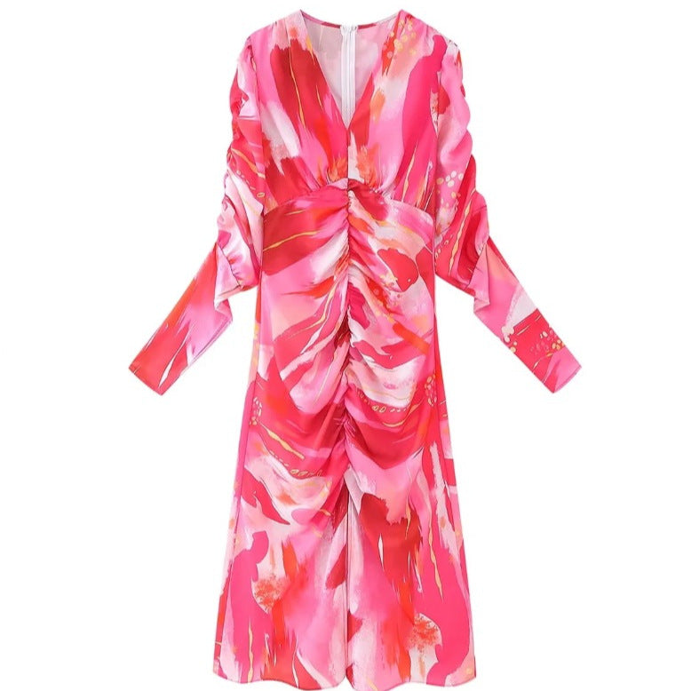 Damen 40+ Maxikleid mit tiefem V‑Ausschnitt, geraffter Taillenpartie und dezenten Puffärmeln Drune