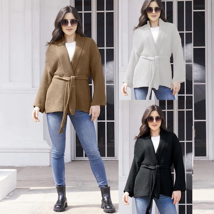 Damen lässiger Strickcardigan mit Taillengürtel und Schulternähten Drune