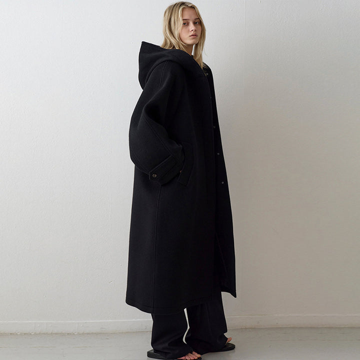 Damen Oversized Wollmantel mit Kapuze und praktischen Taschen Drune