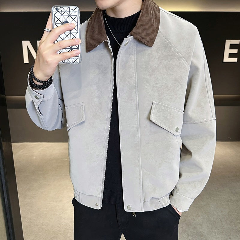 Herren Oversize Utility-Bomberjacke aus Kunstleder mit geripptem Saum und Hemdkragen Drune