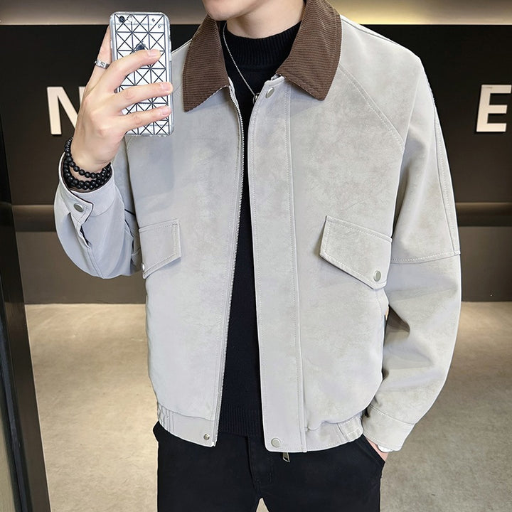 Herren Oversize Utility-Bomberjacke aus Kunstleder mit geripptem Saum und Hemdkragen Drune