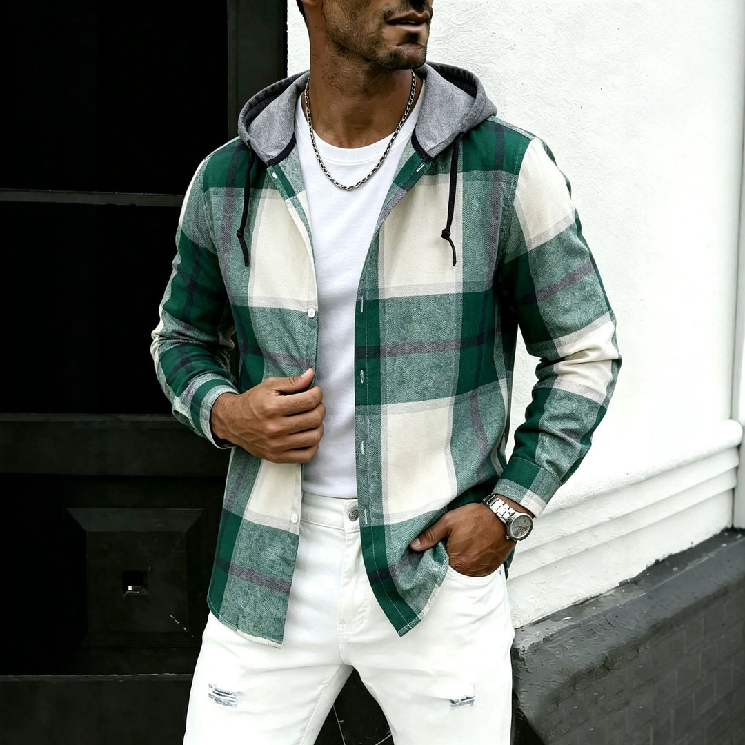 Herren lässige Flanell-Hemdjacke mit Kapuze und grafischem Karomuster Drune