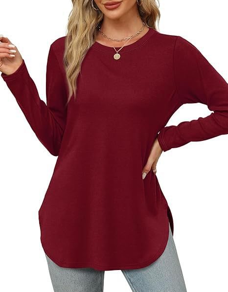 Damen Lässiges Longsleeve-Tunikaoberteil mit Rundhalsausschnitt, Seitenschlitzen und Aquarell-Blattprint Drune