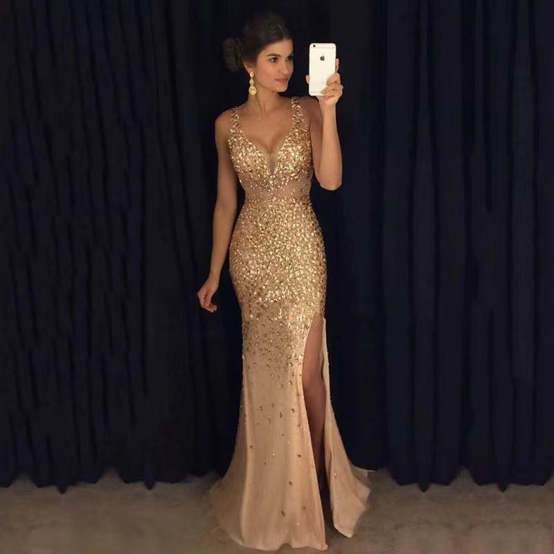 Damen Glamouröses Abendkleid mit glitzernden Pailletten und tiefem Schlitz Drune