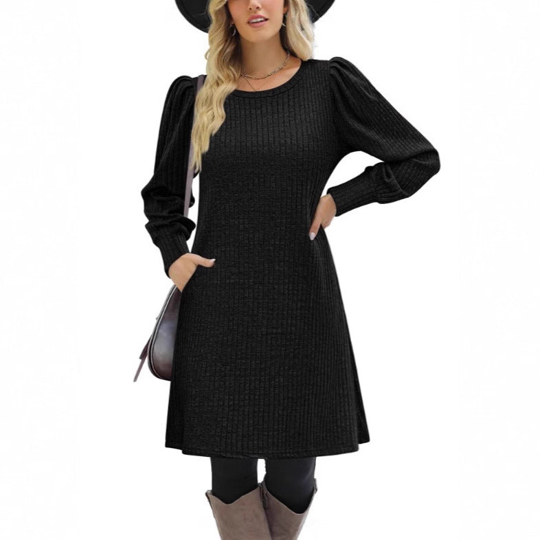 Damen nan gestricktes A-Linien Strickkleid mit Puffärmeln Drune