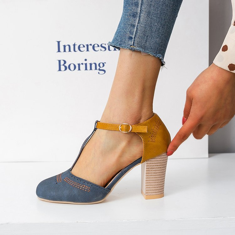 Damen T‑Strap Pumps mit mittelhohem Blockabsatz und dekorativer Ziernaht Drune