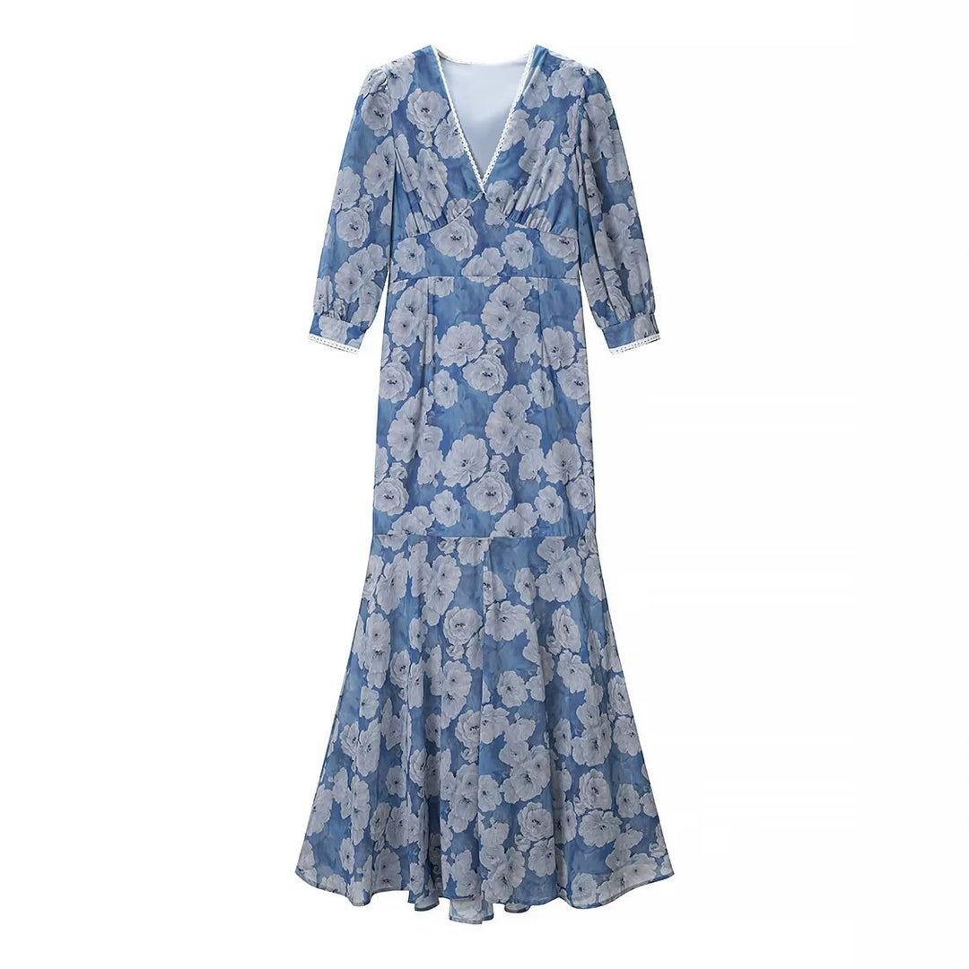 Damen Maxikleid mit V‑Ausschnitt, Empire‑Schnitt und floraler Chiffonoptik Drune
