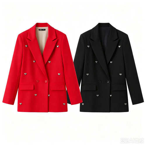 Damen Doppelreihiger Blazer mit herzförmigen Metallknöpfen, Pattentaschen und tailliertem Schnitt Drune