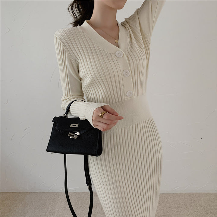 Damen Langarm-Strickkleid mit V-Ausschnitt und Knopfdetails Drune
