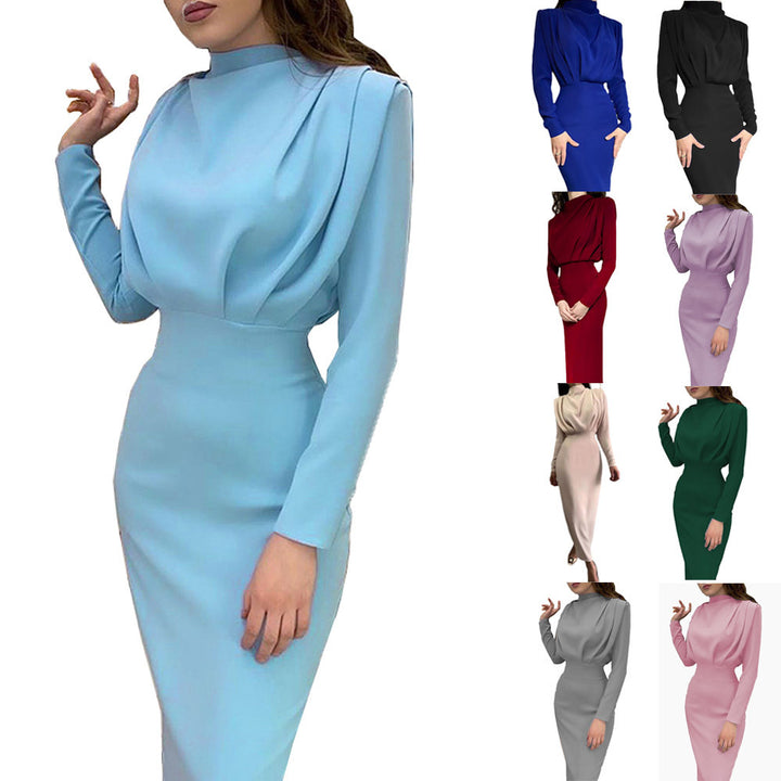 Damen elegantes Midi-Kleid mit hochgeschlossenem Design und Drapierungen Drune