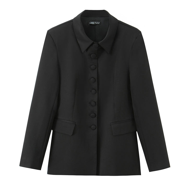 Damen nan taillierter Blazer mit durchgehender Knopfleiste verdeckten Stoffknöpfen und Pattentaschen Drune