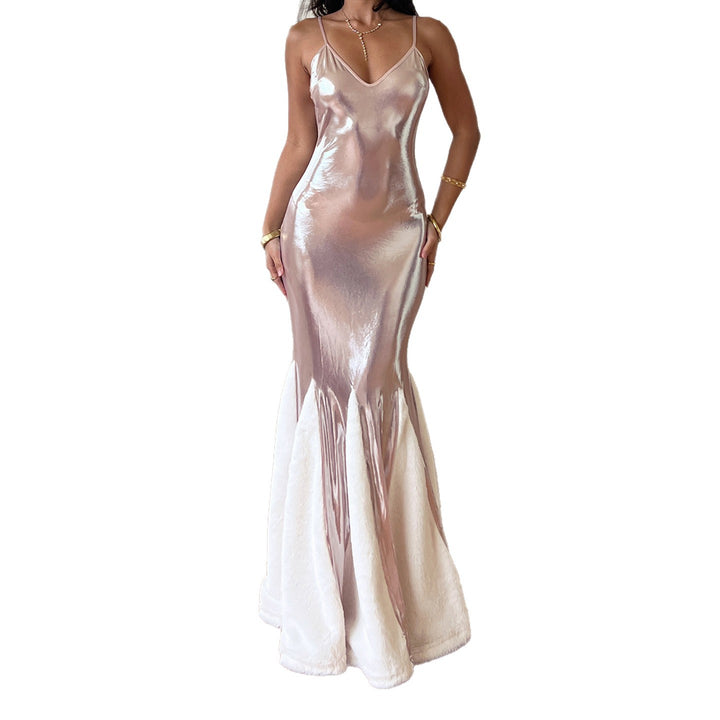 Damen Maxikleid mit glänzendem Obermaterial und voluminösem Rüschenunterteil Drune