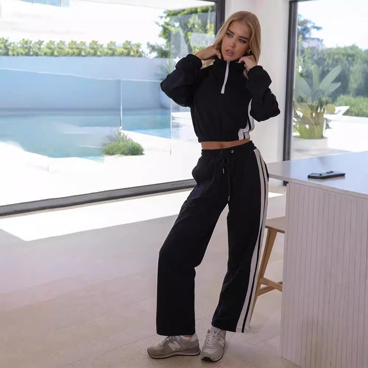 Damen legeres Sweat-Lounge-Set mit halbem Reißverschluss, Kordelzugbund und Kontraststreifen Drune