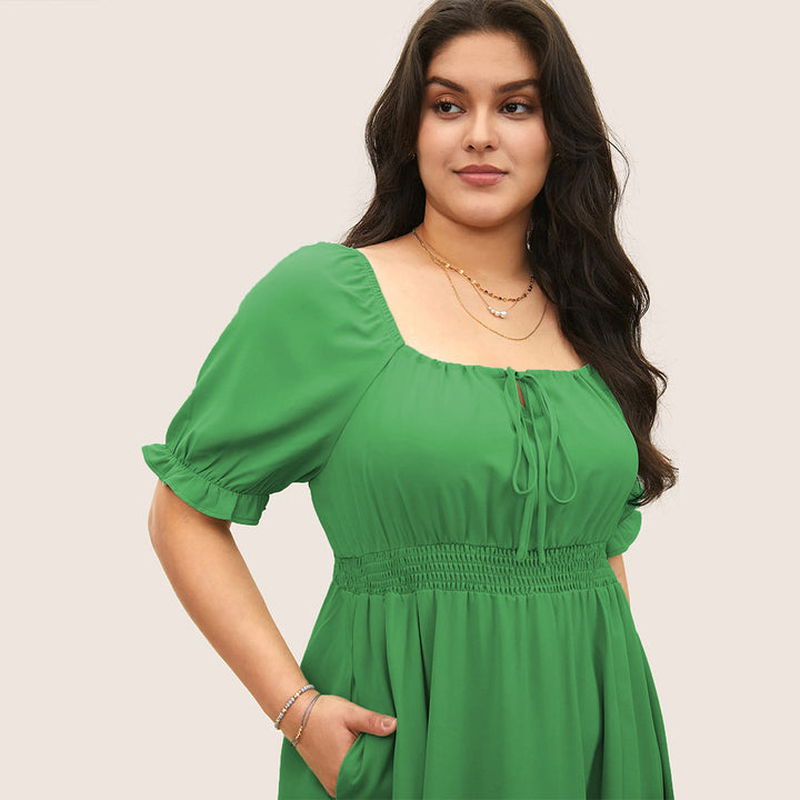 Damen Midi-Kleid mit Puffärmeln und elastischem Taillenbund Drune