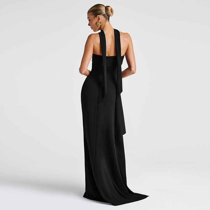 Damen Elegantes Trägerkleid mit seitlicher Drapierung und hochgeschlossenem Ausschnitt Drune