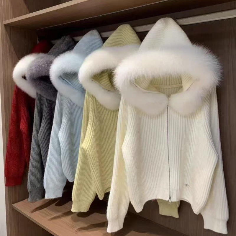 Damen Softes Rippenstrickjacke mit luxuriösem Pelzkragen Drune