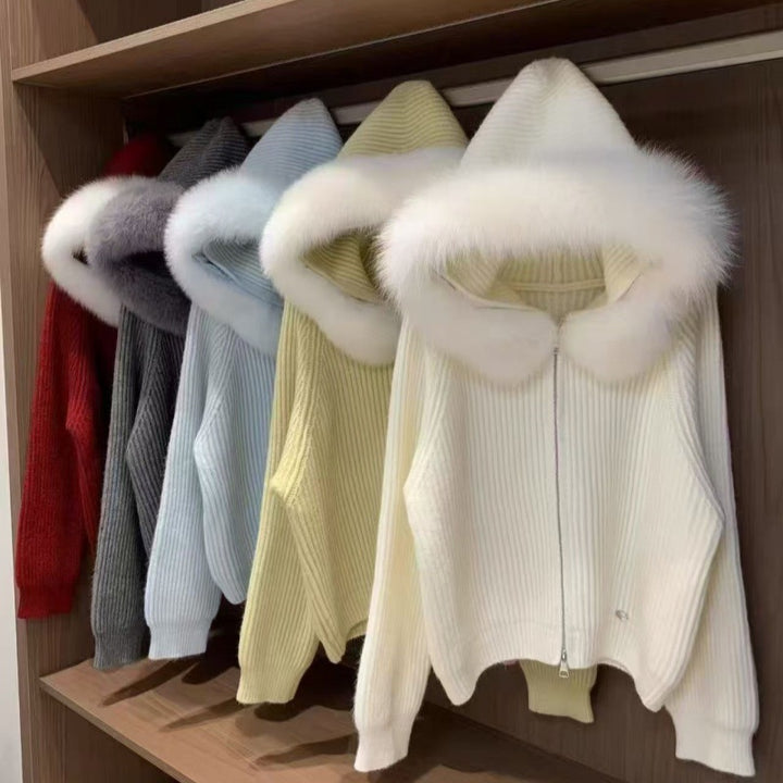 Damen Softes Rippenstrickjacke mit luxuriösem Pelzkragen Drune