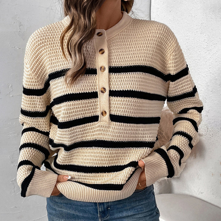 Damen lässiger Strickpullover mit Knopfleiste und gestreiftem Design Drune
