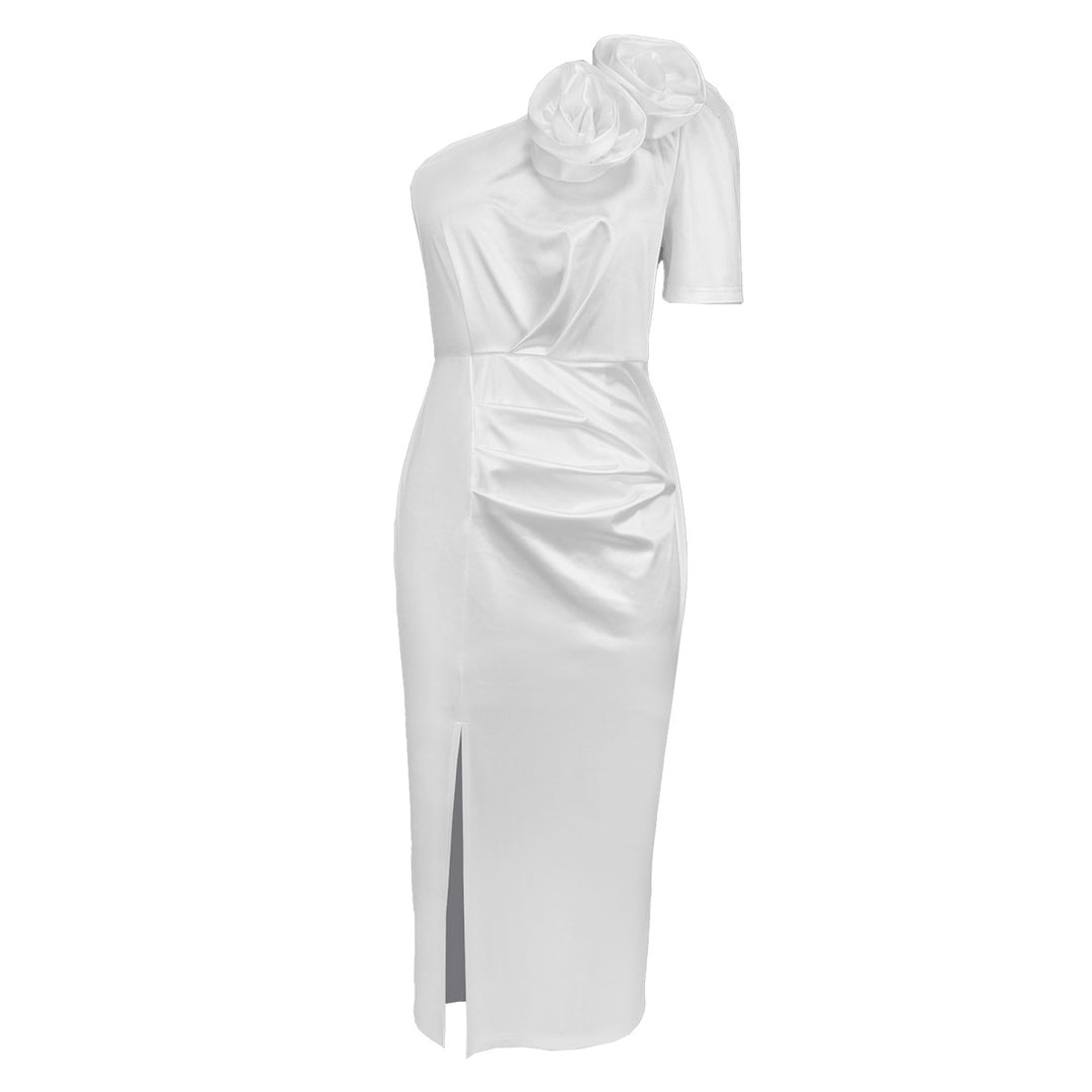 Damen Elegantes Wickelkleid mit schulterfreier Gestaltung und dekorativen Blüten Drune