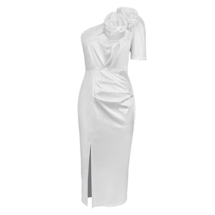 Damen Elegantes Wickelkleid mit schulterfreier Gestaltung und dekorativen Blüten Drune