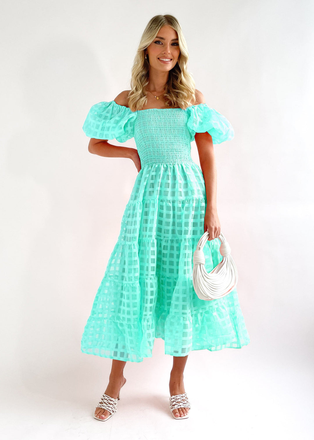 Damen Maxi-Kleid mit Puffärmeln und elastischem Oberteil Drune