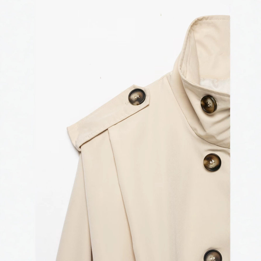 Damen Cropped Doppelreihige Trenchjacke mit Funnelkragen und Tunnelzugsaum Drune