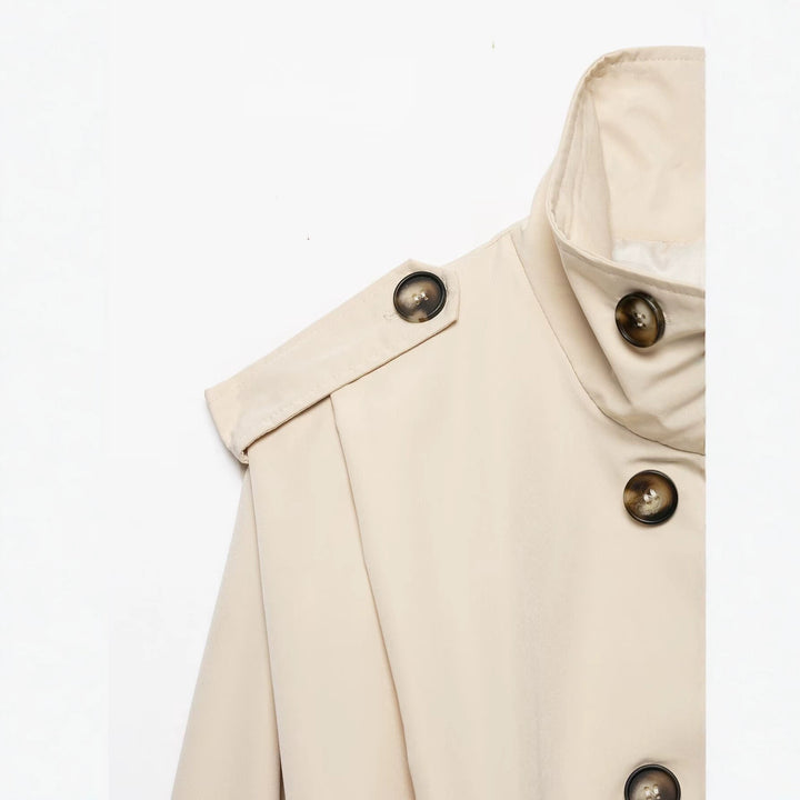 Damen Cropped Doppelreihige Trenchjacke mit Funnelkragen und Tunnelzugsaum Drune
