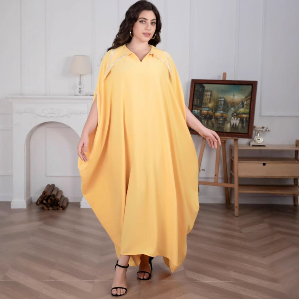 Damen Elegante locker fallende Kaftan-Maxikleid mit Schlitzärmeln und Kragen Drune
