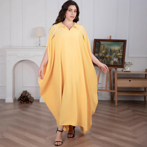 Damen Elegante locker fallende Kaftan-Maxikleid mit Schlitzärmeln und Kragen Drune