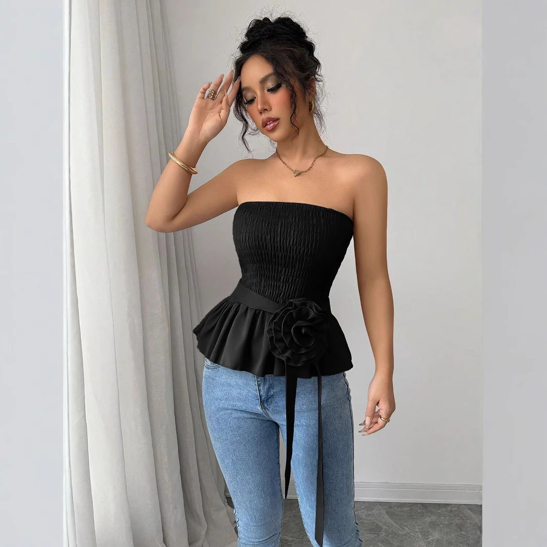 Damen nan figurbetontes trägerloses Smok-Oberteil mit Volant-Peplum und dekorativer Stoffblume Drune