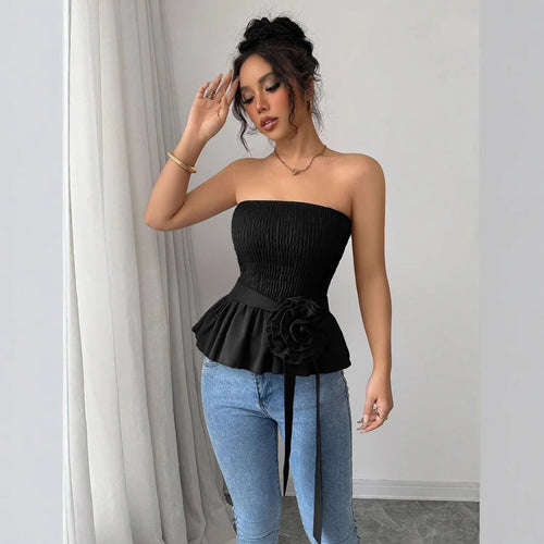 Damen nan figurbetontes trägerloses Smok-Oberteil mit Volant-Peplum und dekorativer Stoffblume Drune