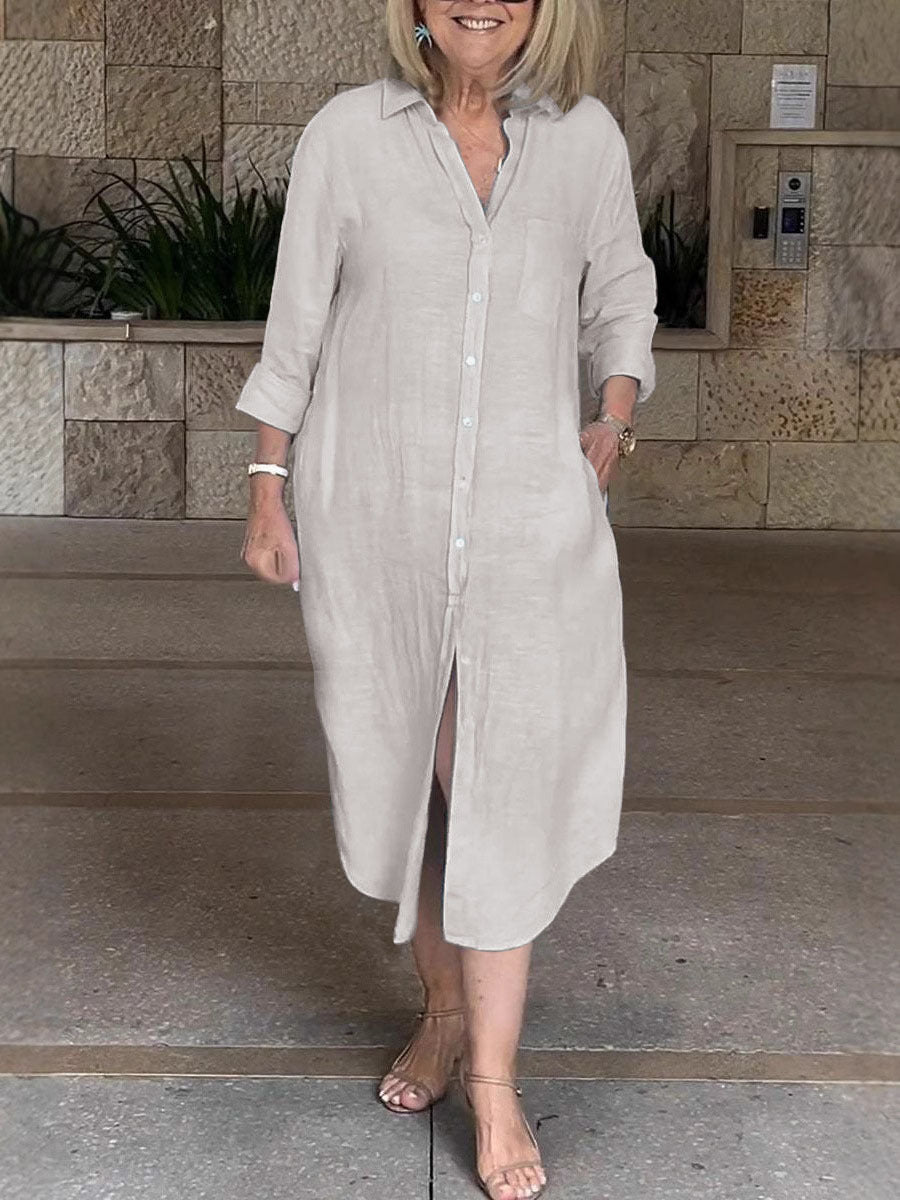 Damen Leichtes Sommerkleid mit Knopfleiste und langen Ärmeln Drune