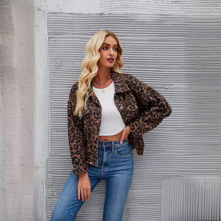 Damen Karierte Denimjacke im angesagten Leopardenmuster mit modernem Schnitt Drune