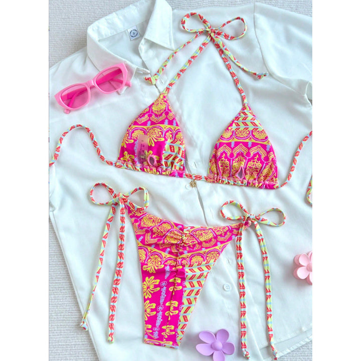 Damen Triangel-Bikini mit verspieltem Blumendesign und unterschiedlichen Bindungsträgern Drune
