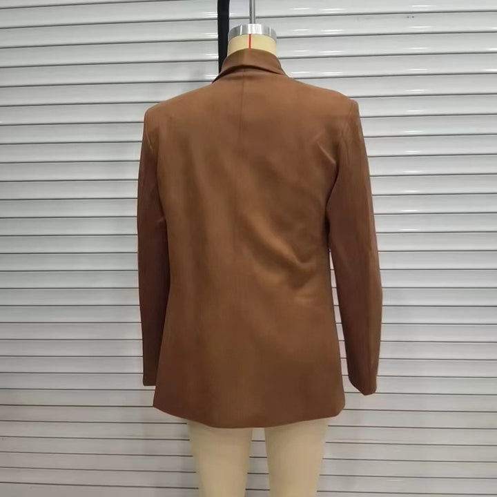 Damen nan lang geschnittener Blazer im Wildleder‑Imitat mit weichem Schalkragen und paspelierten Leistentaschen Drune