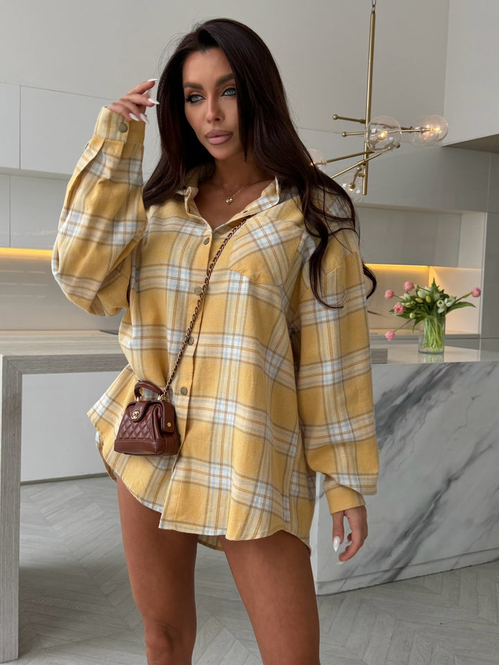 Damen übergroßes Karo-Hemdkleid mit Knopfleiste, Brusttaschen und verlängertem Rückensaum Drune