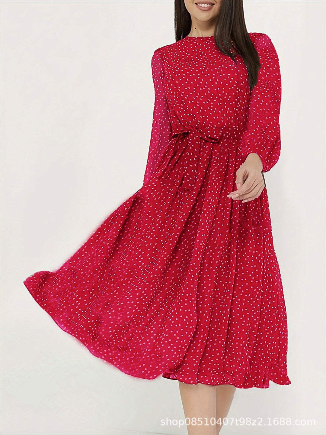 Damen Midikleid mit Punkten, taillierter Bindegürtel und Volantrock Drune